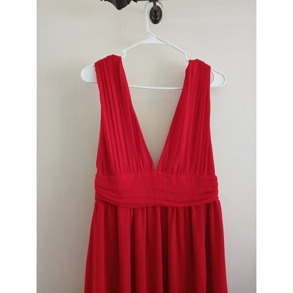 LULUS Womens M Red Plunge V-neck Maci Dress Gown High Slit Formal Wedding Prom - Picture 6 of 8